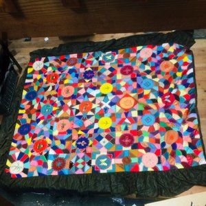 Vtg Crazy Quilt Hand Stitched Bedspread